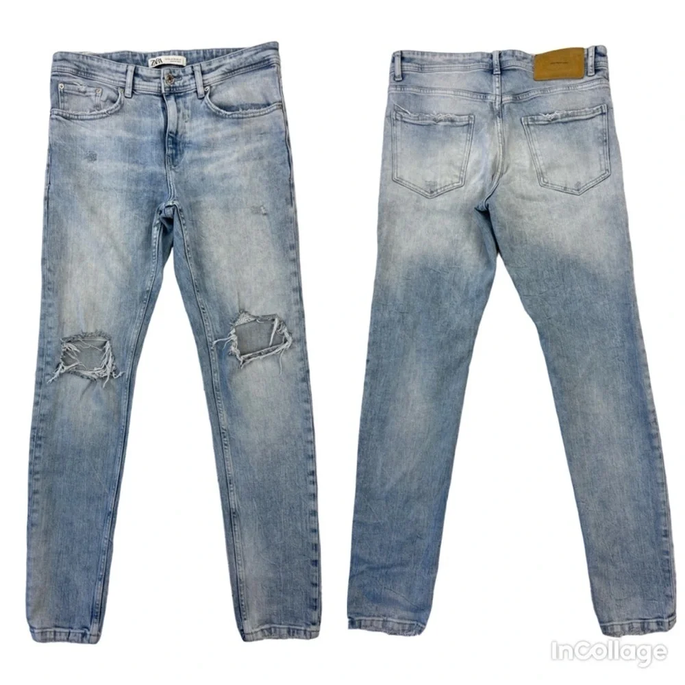 ✅ Zara Men’s Light Blue Wash Distressed High rise skinny jeans 99% cotton sz 30